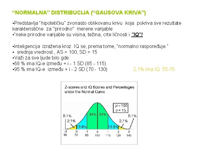 “NORMALNA” DISTRIBUCIJA (“GAUSOVA KRIVA”) • Predstavlja “hipotetičku” zvonasto oblikovanu krivu koja pokriva sve rezultate