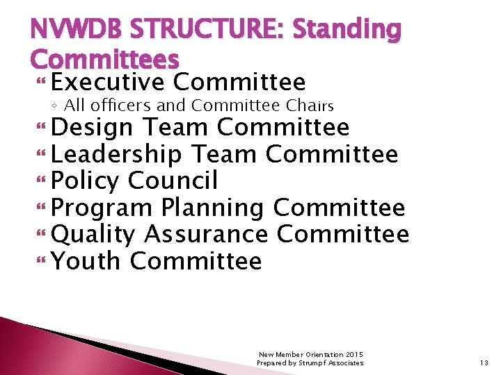 NVWDB STRUCTURE: Standing Committees Executive Committee ◦ All officers and Committee Chairs Design Team