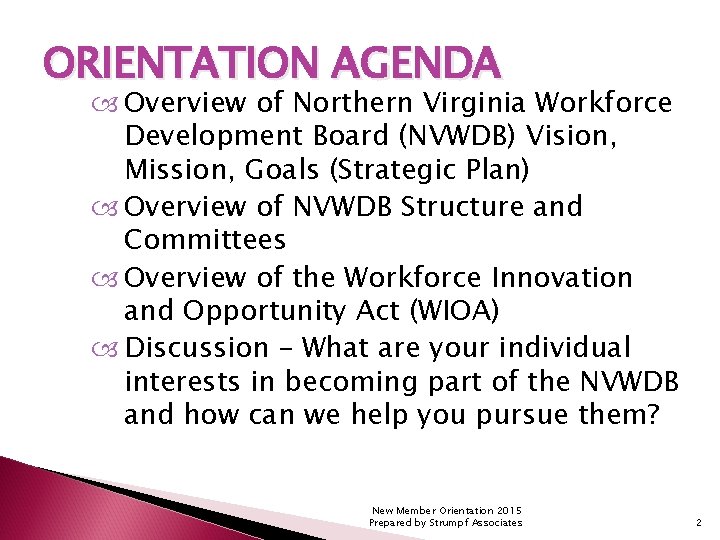 ORIENTATION AGENDA Overview of Northern Virginia Workforce Development Board (NVWDB) Vision, Mission, Goals (Strategic