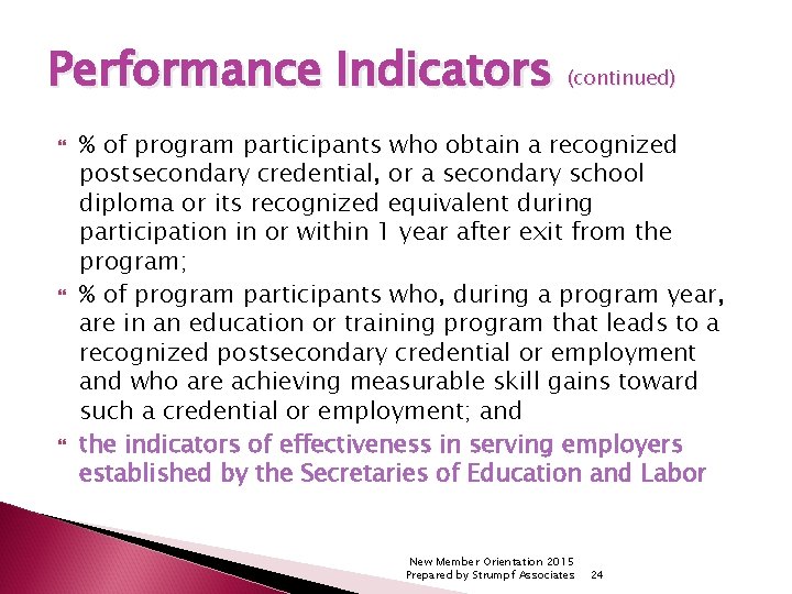 Performance Indicators (continued) % of program participants who obtain a recognized postsecondary credential, or