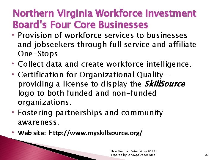Northern Virginia Workforce Investment Board’s Four Core Businesses Provision of workforce services to businesses