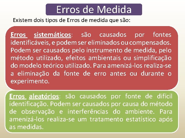 Erros de Medida Existem dois tipos de Erros de medida que são: Erros sistemáticos: Erros de Medida Existem dois tipos de Erros de medida que são: Erros sistemáticos:
