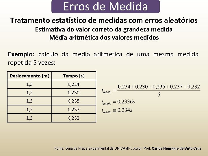 Erros de Medida Tratamento estatístico de medidas com erros aleatórios Estimativa do valor correto Erros de Medida Tratamento estatístico de medidas com erros aleatórios Estimativa do valor correto