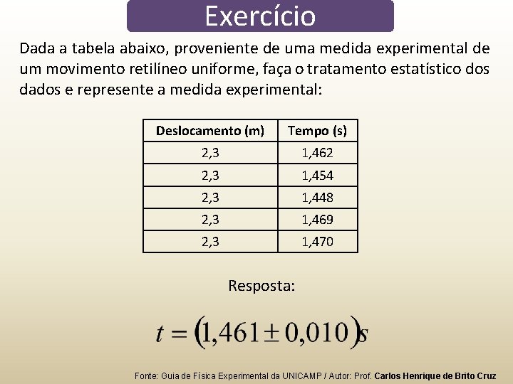 Exercício Dada a tabela abaixo, proveniente de uma medida experimental de um movimento retilíneo Exercício Dada a tabela abaixo, proveniente de uma medida experimental de um movimento retilíneo