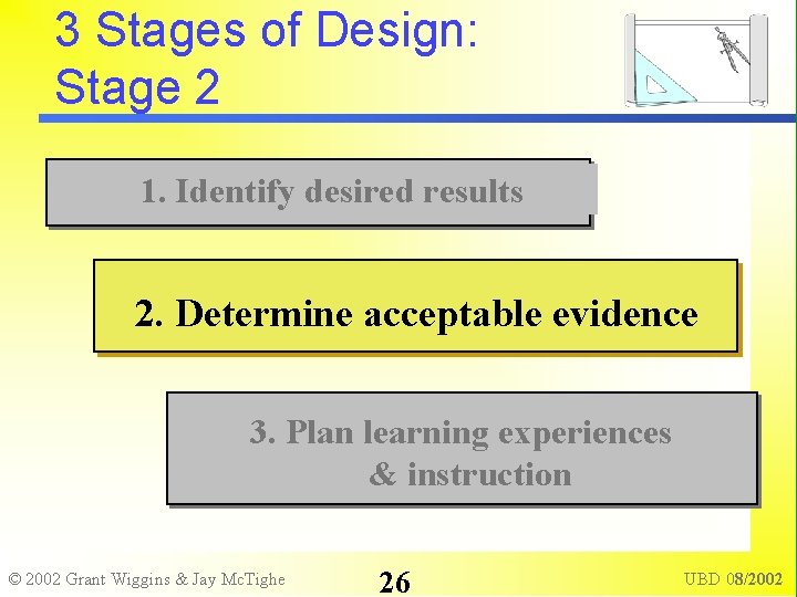 3 Stages of Design: Stage 2 1. Identify desired results 2. Determine acceptable evidence