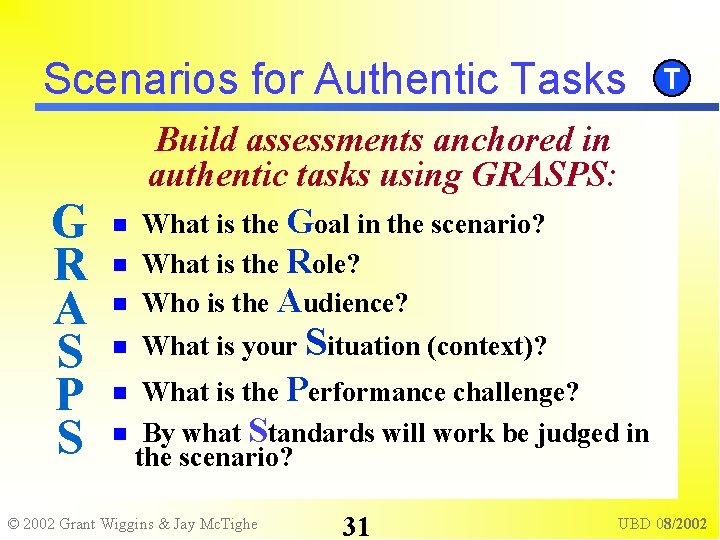 Scenarios for Authentic Tasks G R A S P S T Build assessments anchored