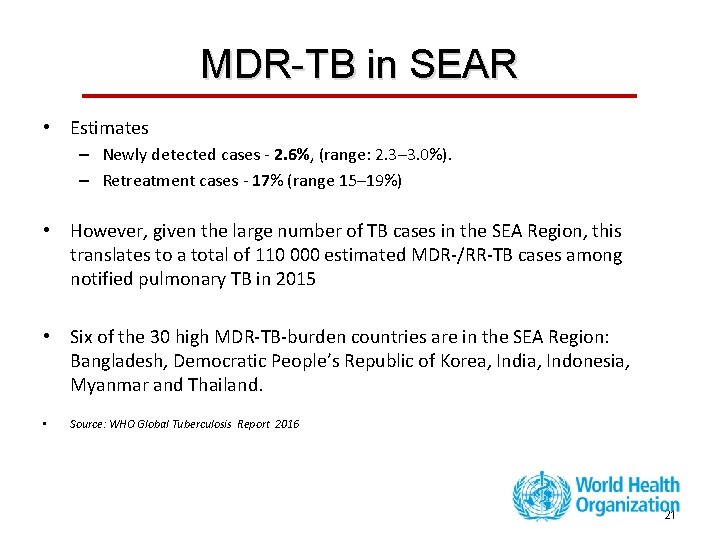 MDR-TB in SEAR • Estimates – Newly detected cases - 2. 6%, (range: 2.