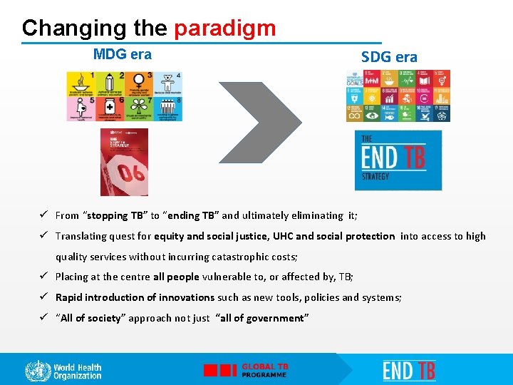 Changing the paradigm MDG era SDG era ü From “stopping TB” to “ending TB”
