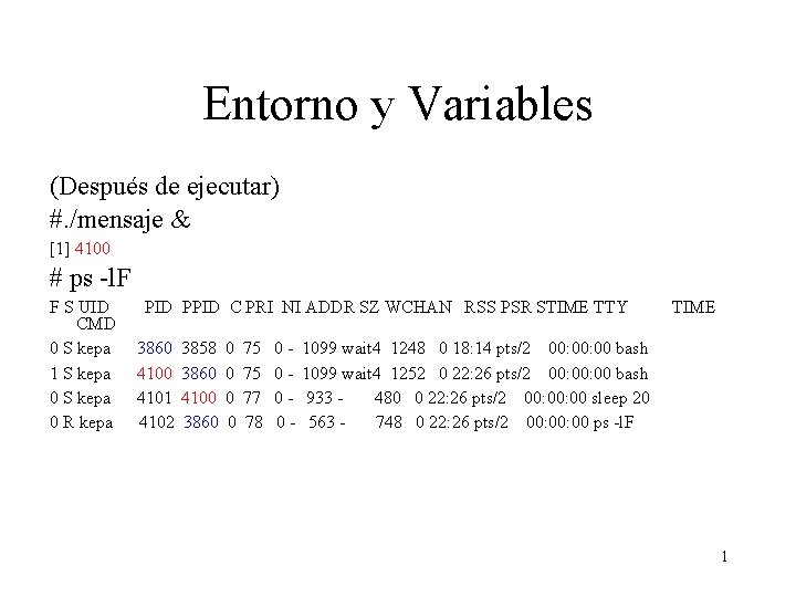 Entorno y Variables (Después de ejecutar) #. /mensaje & [1] 4100 # ps -l.