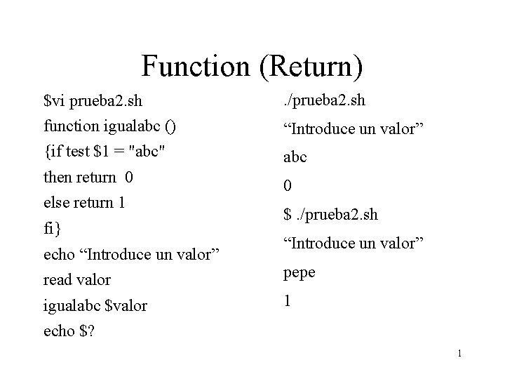 Function (Return) $vi prueba 2. sh . /prueba 2. sh function igualabc () “Introduce