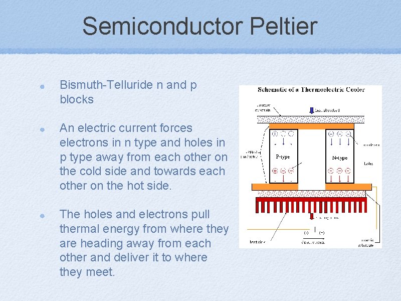 Semiconductor Peltier Bismuth-Telluride n and p blocks An electric current forces electrons in n