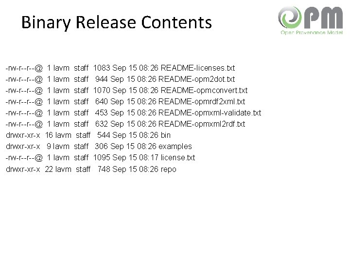 Binary Release Contents -rw-r--r--@ 1 lavm staff 1083 Sep 15 08: 26 README-licenses. txt