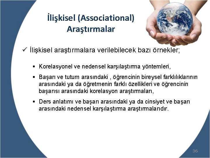 İlişkisel (Associational) Araştırmalar ü İlişkisel araştırmalara verilebilecek bazı örnekler; § Korelasyonel ve nedensel karşılaştırma