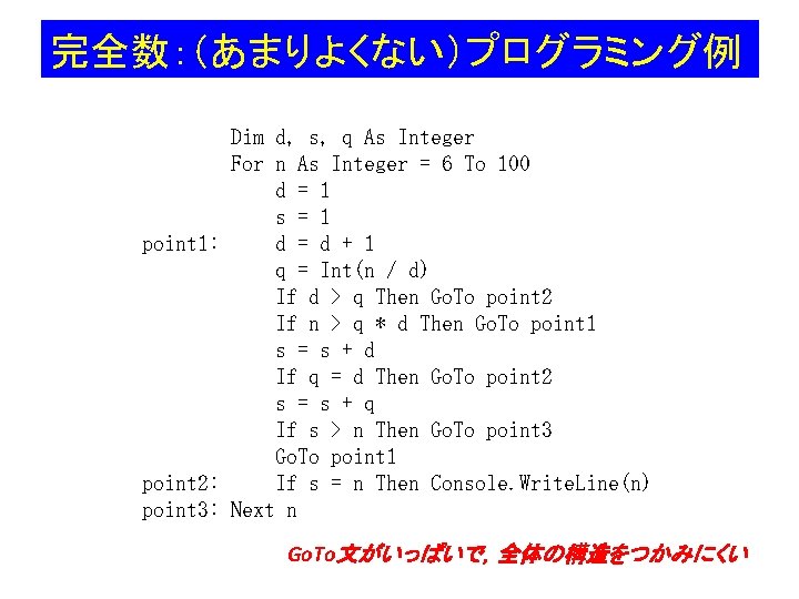 完全数：（あまりよくない）プログラミング例 Dim d, s, q As Integer For n As Integer = 6 To