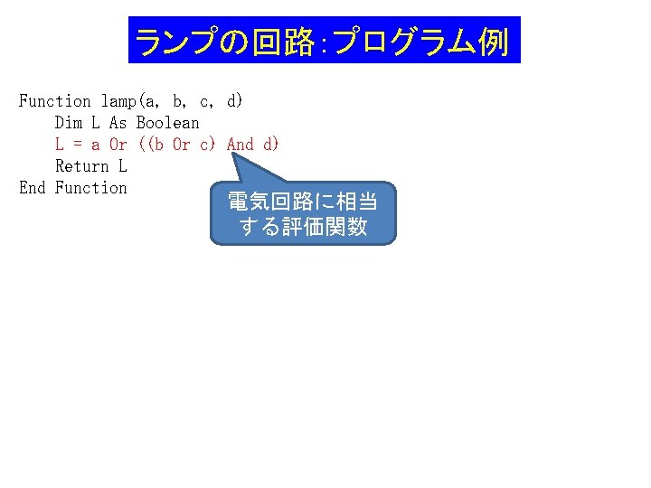 ランプの回路：プログラム例 Function lamp(a, b, c, d) Dim L As Boolean L = a Or