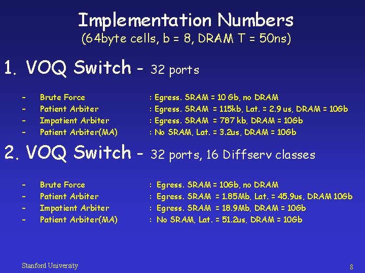 Implementation Numbers (64 byte cells, b = 8, DRAM T = 50 ns) 1.