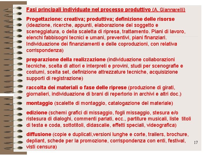 Fasi principali individuate nel processo produttivo (A. Giannarelli) Progettazione: creativa; produttiva; definizione delle risorse