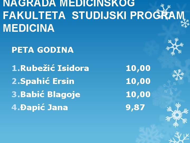 NAGRADA MEDICINSKOG FAKULTETA STUDIJSKI PROGRAM MEDICINA PETA GODINA 1. Rubežić Isidora 10, 00 2. NAGRADA MEDICINSKOG FAKULTETA STUDIJSKI PROGRAM MEDICINA PETA GODINA 1. Rubežić Isidora 10, 00 2.