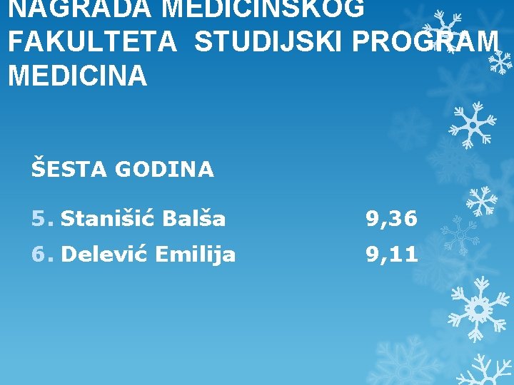 NAGRADA MEDICINSKOG FAKULTETA STUDIJSKI PROGRAM MEDICINA ŠESTA GODINA 5. Stanišić Balša 9, 36 6.