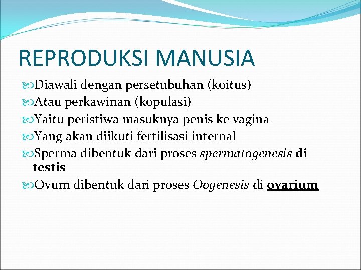 REPRODUKSI MANUSIA Diawali dengan persetubuhan (koitus) Atau perkawinan (kopulasi) Yaitu peristiwa masuknya penis ke