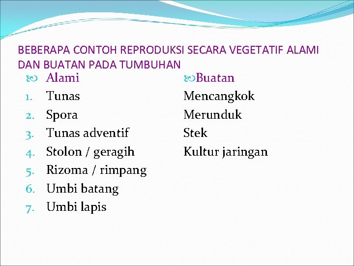 BEBERAPA CONTOH REPRODUKSI SECARA VEGETATIF ALAMI DAN BUATAN PADA TUMBUHAN Alami Buatan 1. Tunas