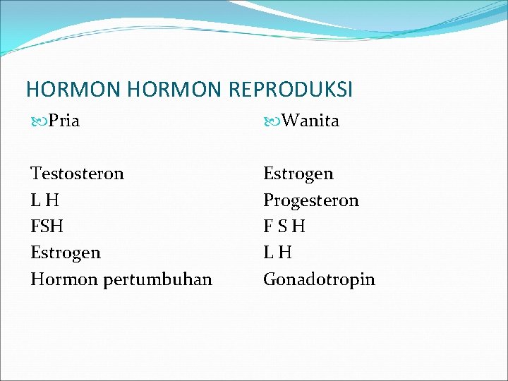 HORMON REPRODUKSI Pria Wanita Testosteron LH FSH Estrogen Hormon pertumbuhan Estrogen Progesteron FSH LH