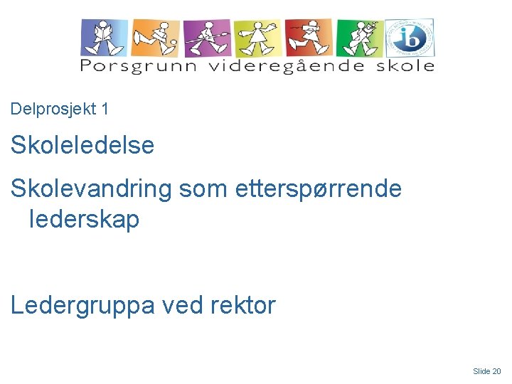 Delprosjekt 1 Skoleledelse Skolevandring som etterspørrende lederskap Ledergruppa ved rektor Slide 20 