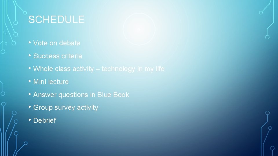 SCHEDULE • Vote on debate • Success criteria • Whole class activity – technology