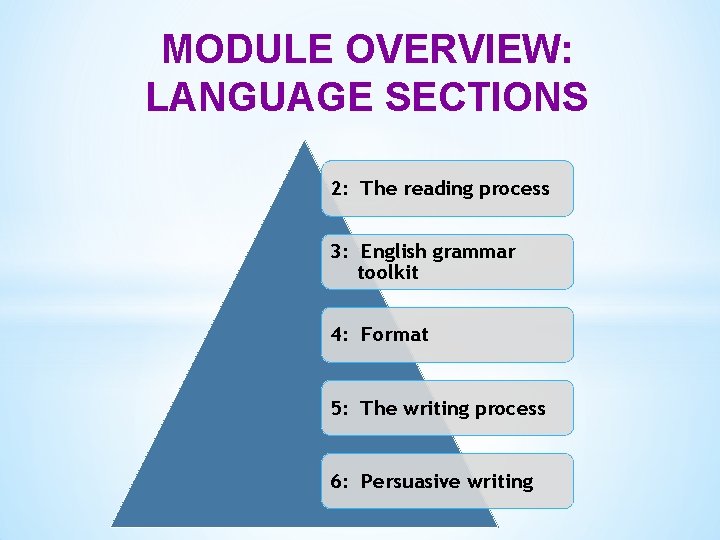 MODULE OVERVIEW: LANGUAGE SECTIONS 2: The reading process 3: English grammar toolkit 4: Format