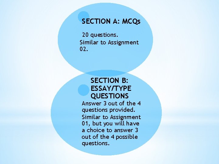 SECTION A: MCQs 20 questions. Similar to Assignment 02. SECTION B: ESSAY/TYPE QUESTIONS Answer