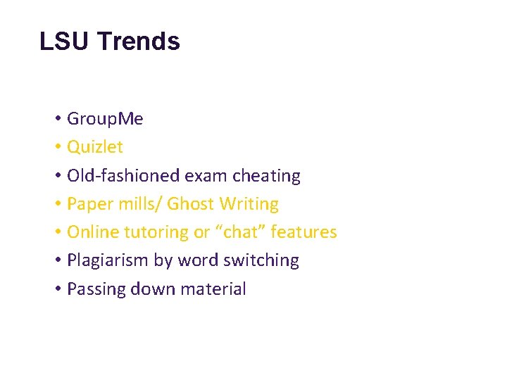 LSU Trends • Group. Me • Quizlet • Old-fashioned exam cheating • Paper mills/