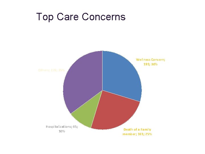 Top Care Concerns TOP CARE CASES Wellness Concern; 191; 30% Others; 226; 35% Hospitalizations;