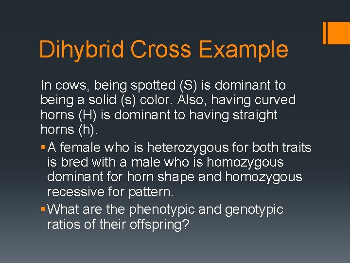 Dihybrid Cross Example In cows, being spotted (S) is dominant to being a solid