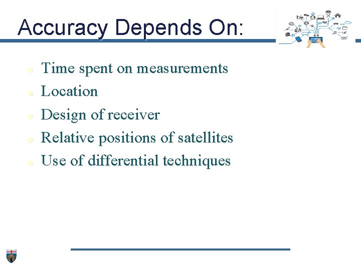 Accuracy Depends On: Time spent on measurements Location Design of receiver Relative positions of