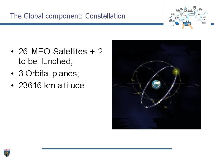 The Global component: Constellation • 26 MEO Satellites + 2 to bel lunched; •