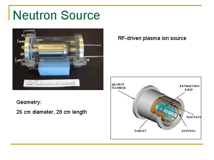 Neutron Source RF-driven plasma ion source Geometry: 26 cm diameter, 28 cm length 