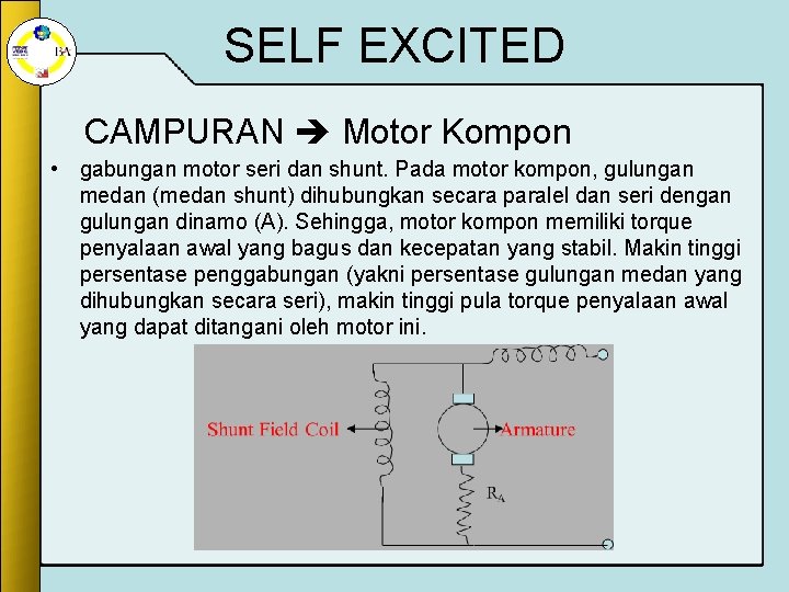 SELF EXCITED CAMPURAN Motor Kompon • gabungan motor seri dan shunt. Pada motor kompon, SELF EXCITED CAMPURAN Motor Kompon • gabungan motor seri dan shunt. Pada motor kompon,