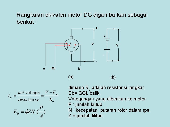 Rangkaian ekivalen motor DC digambarkan sebagai berikut : (a) (b) dimana Ra adalah resistansi Rangkaian ekivalen motor DC digambarkan sebagai berikut : (a) (b) dimana Ra adalah resistansi