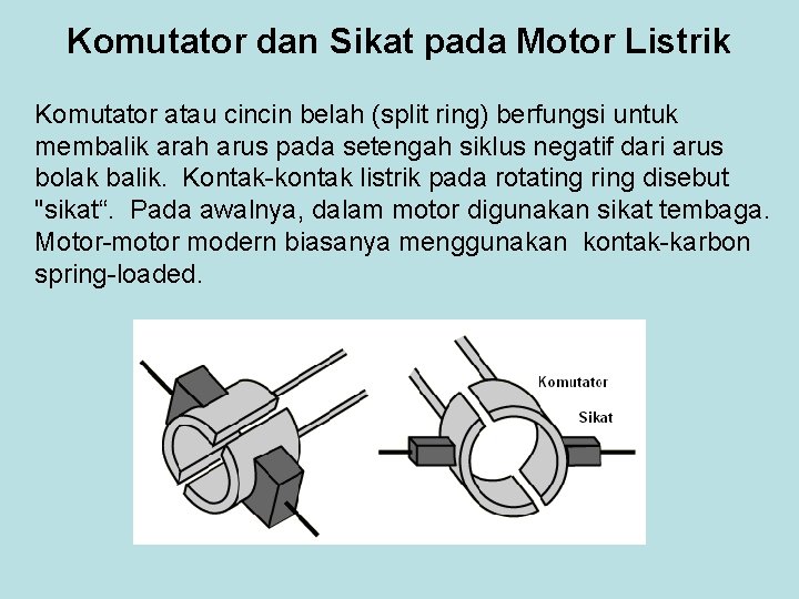 Komutator dan Sikat pada Motor Listrik Komutator atau cincin belah (split ring) berfungsi untuk Komutator dan Sikat pada Motor Listrik Komutator atau cincin belah (split ring) berfungsi untuk