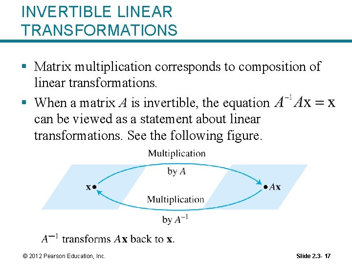 INVERTIBLE LINEAR TRANSFORMATIONS § Matrix multiplication corresponds to composition of linear transformations. § When