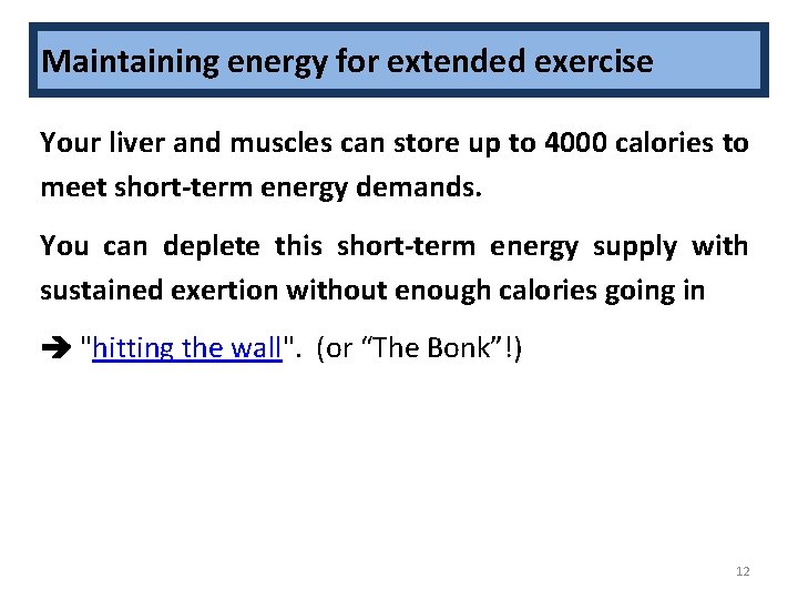 Maintaining energy for extended exercise • Your liver and muscles can store up to