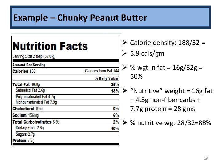 Example – Chunky Peanut Butter Ø Calorie density: 188/32 = Ø 5. 9 cals/gm