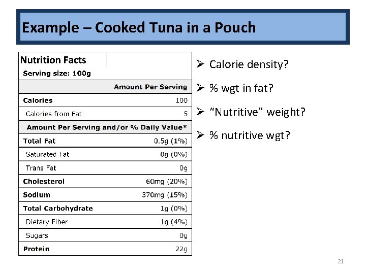Example – Cooked Tuna in a Pouch Ø Calorie density? Ø % wgt in