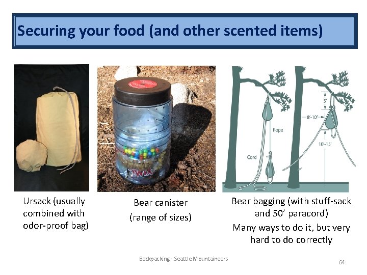 Securing your food (and. Your other. Food scented items) Securing Ursack (usually combined with