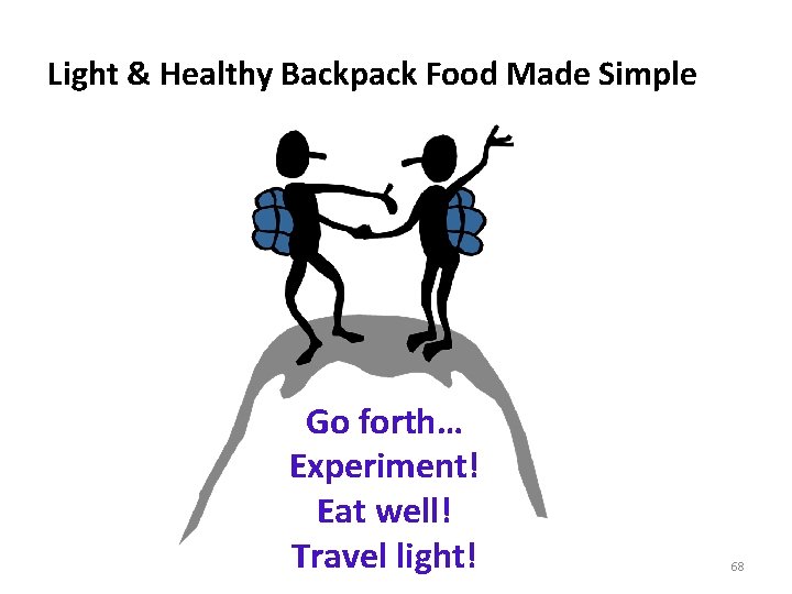 Light & Healthy Backpack Food Made Simple Go forth… Experiment! Eat well! Travel light!