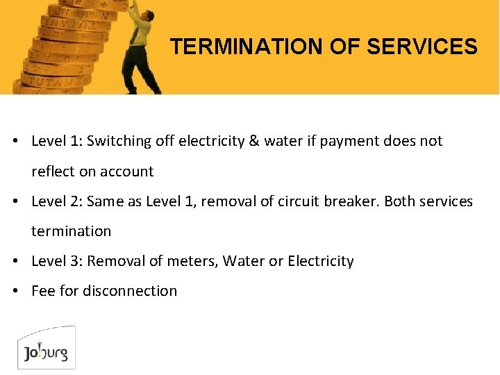 TERMINATION OF SERVICES • Level 1: Switching off electricity & water if payment does