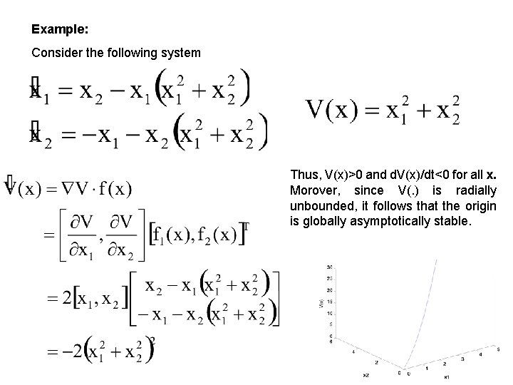 Example: Consider the following system Thus, V(x)>0 and d. V(x)/dt<0 for all x. Morover,