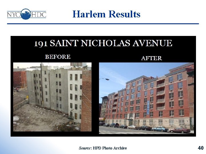 Harlem Results Source: HPD Photo Archive 40 