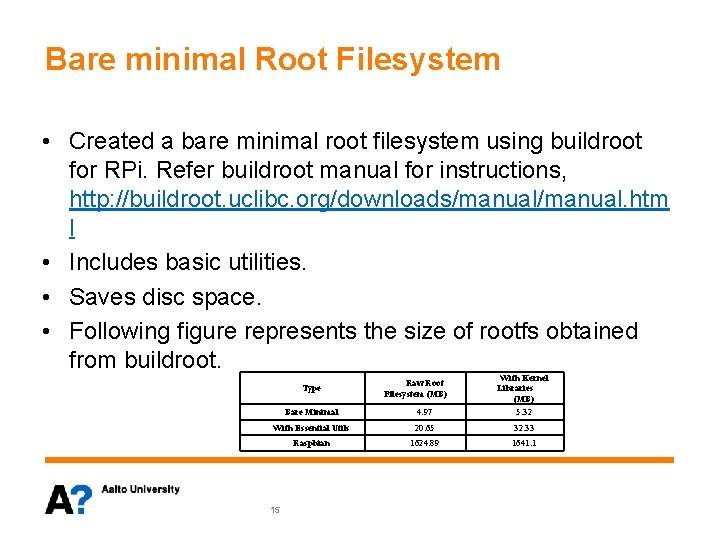 Bare minimal Root Filesystem • Created a bare minimal root filesystem using buildroot for