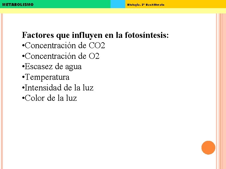 METABOLISMO Biología. 2º Bachillerato Factores que influyen en la fotosíntesis: • Concentración de CO